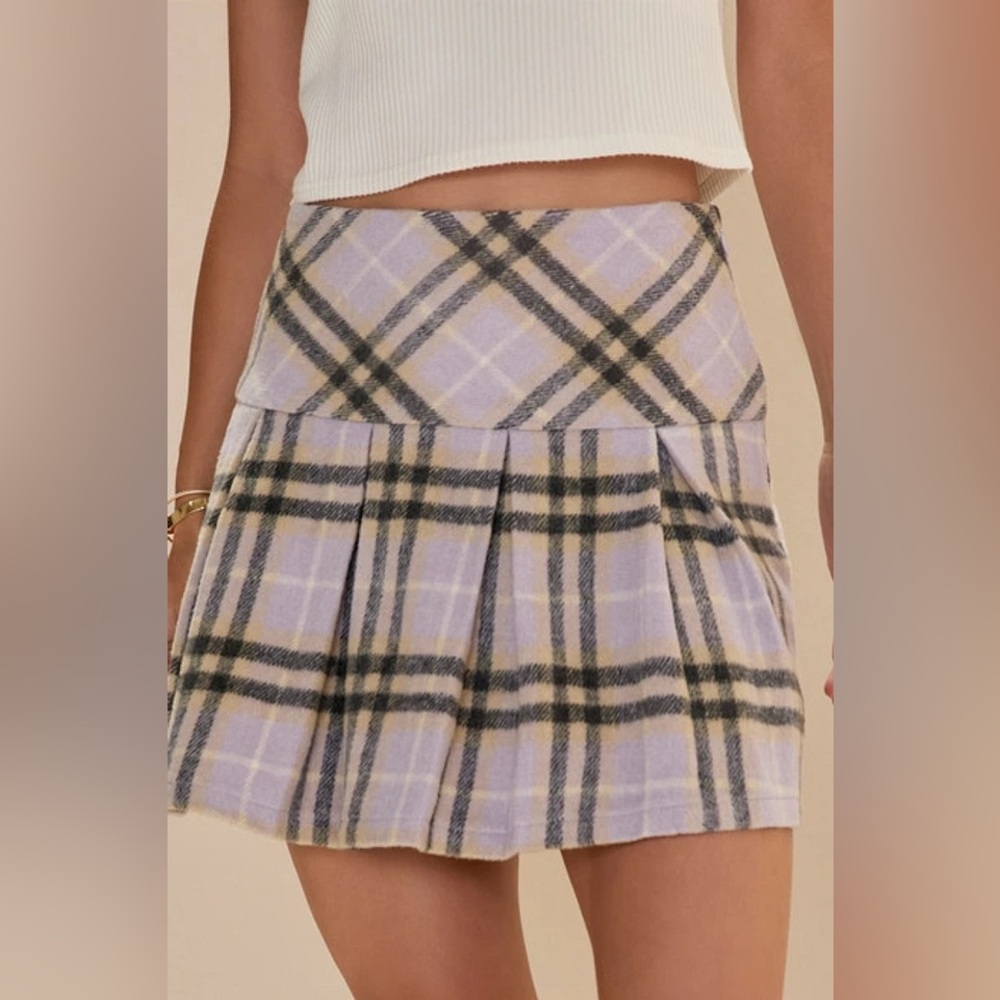 Francesca's Lavender and Beige Plaid Mini Skirt
